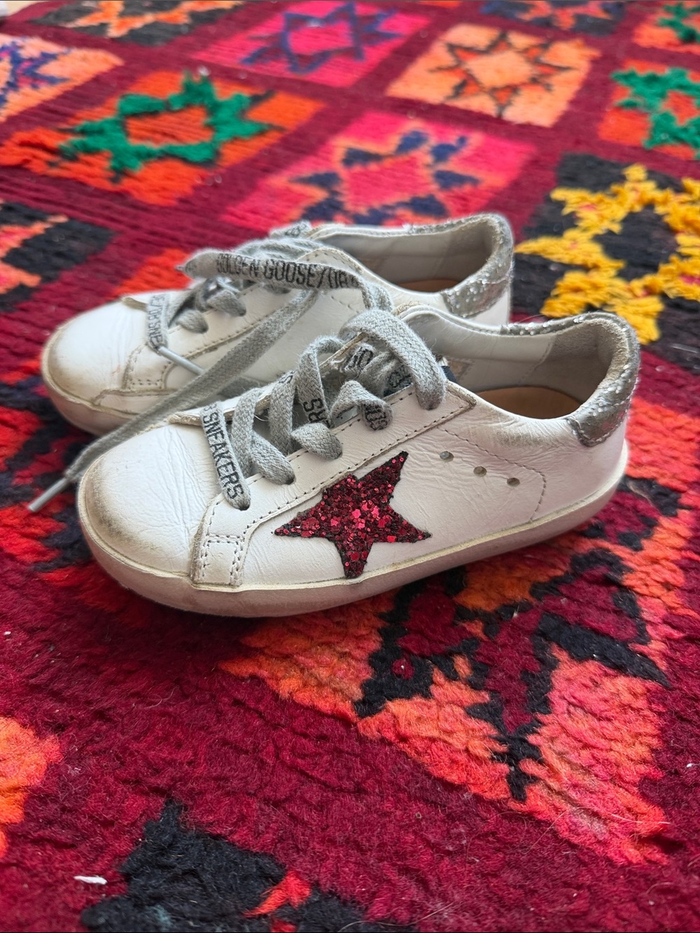 Golden Goose White Kids Sneakers with Pink Glitter Star and Silver Trim